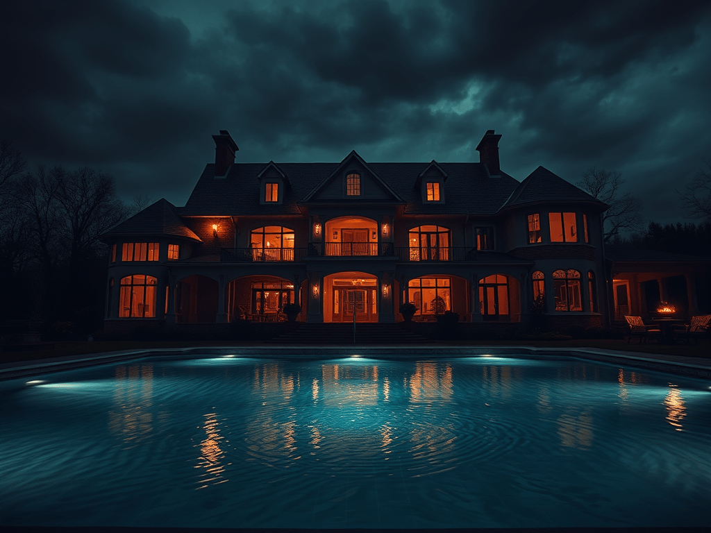 Lit up house with a pool