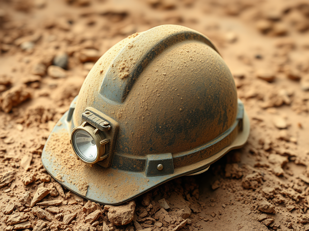 Dusty miner’s helmet laying on the ground.