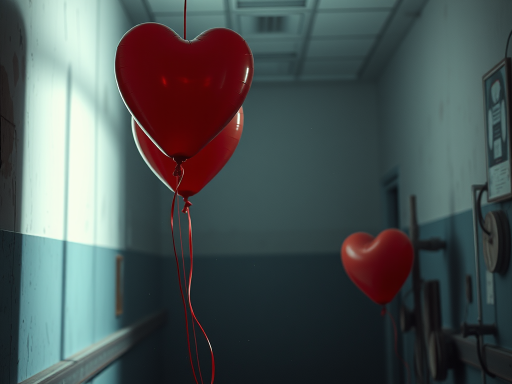Heart balloons inside hospital hallway.