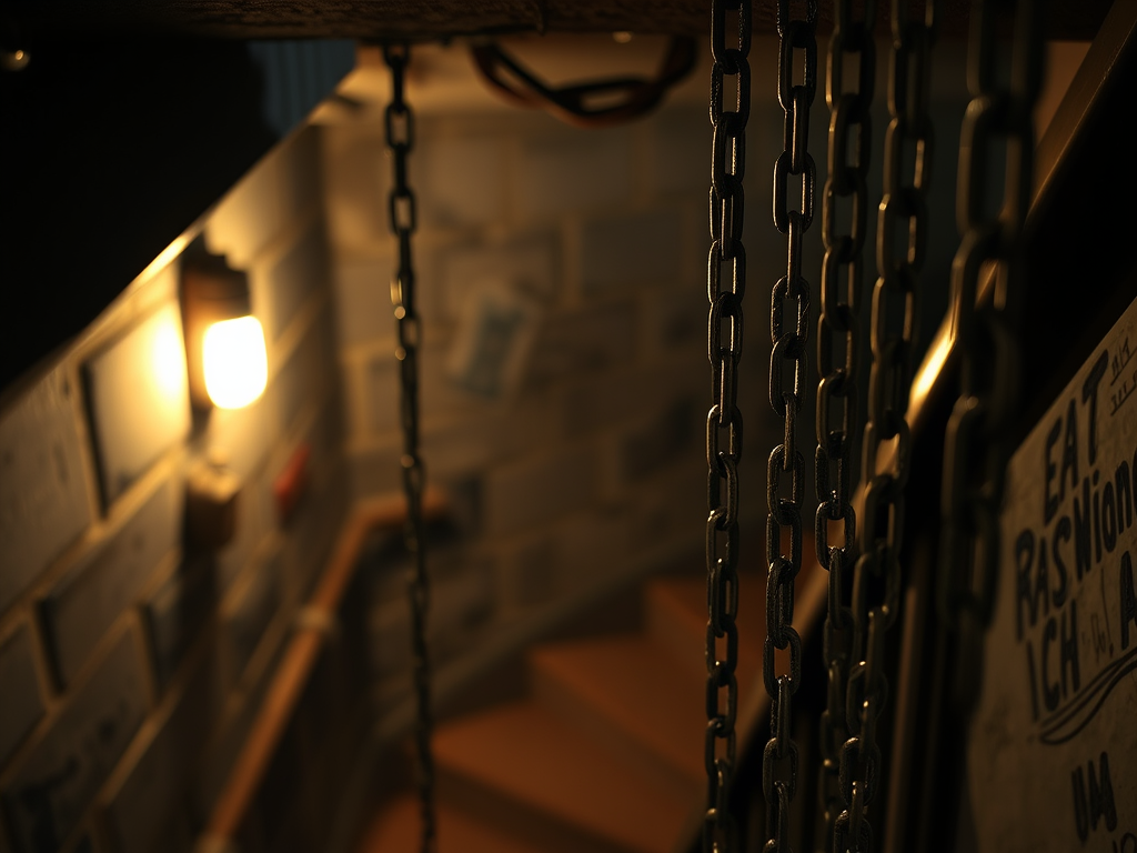 Chains hanging in a basement.