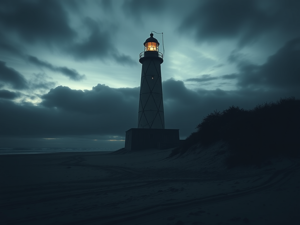 Creepy lighthouse on deserted stretch of beach.